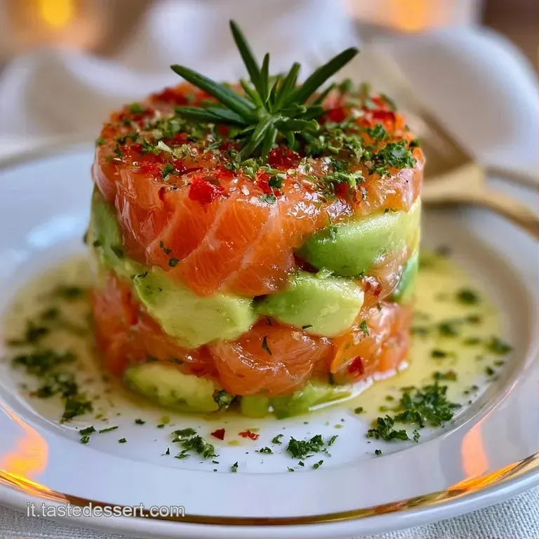 Due torri di pesce fresco e avocado, decorate con semi di sesamo e un filo d'olio lucido su ceramica bianca.