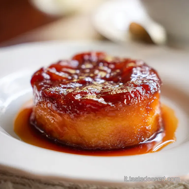Slice of warm apple tart tatin served on a white plate. Steaming apples are coated in rich caramel, a rustic French dessert.