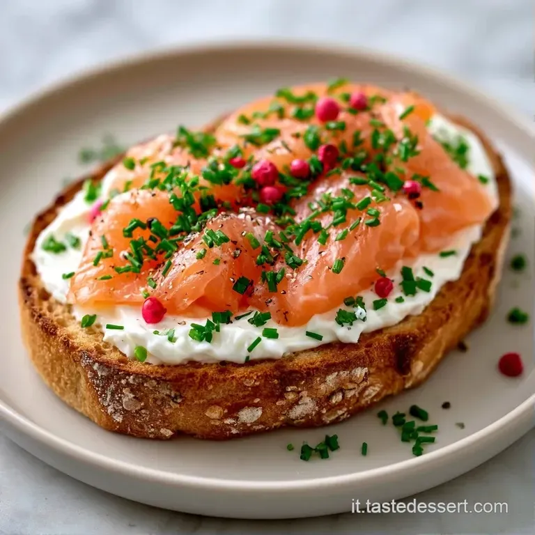 Tartine disposte su un piatto bianco, con fette di salmone rosato lucido, gocce di lime e un rametto di erba cipollina.