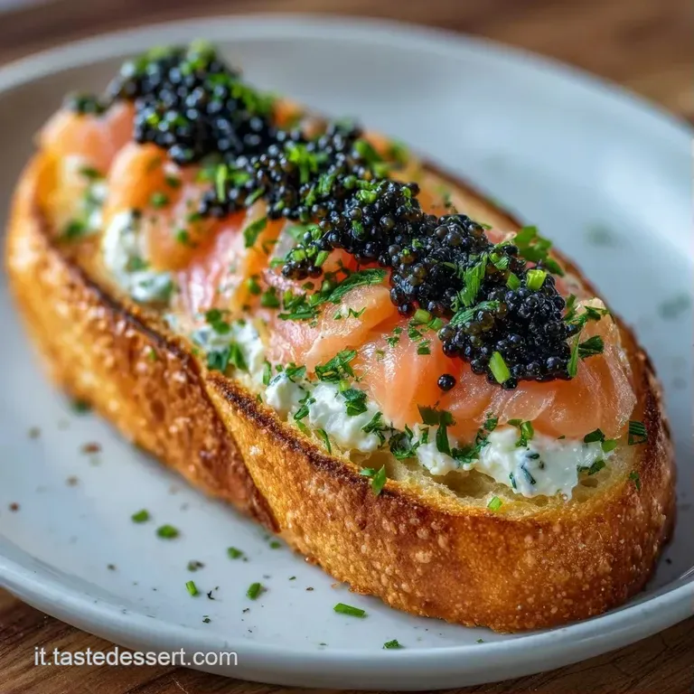 Tartine disposte con cura su piatto bianco, contrasto tra il rosa del pesce, il bianco della crema e il nero lucido.