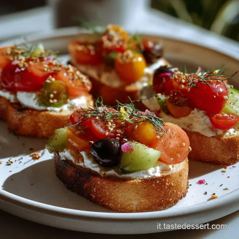 Elegant arrangement of small tartines on a dark plate. The contrasting textures of the crisp base and airy mousse create v...