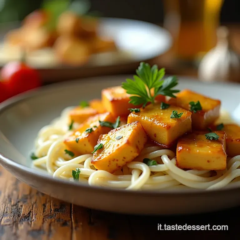 Tofu Dorato Al Miele E Aglio Croccantezza Perfetta E Sapore Avvolgente presentation