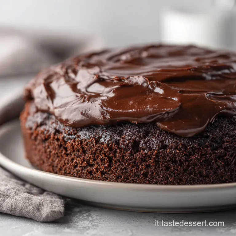 Elegant slice of dense chocolate cake on a white ceramic plate with a glossy ganache drizzle and fresh berries.