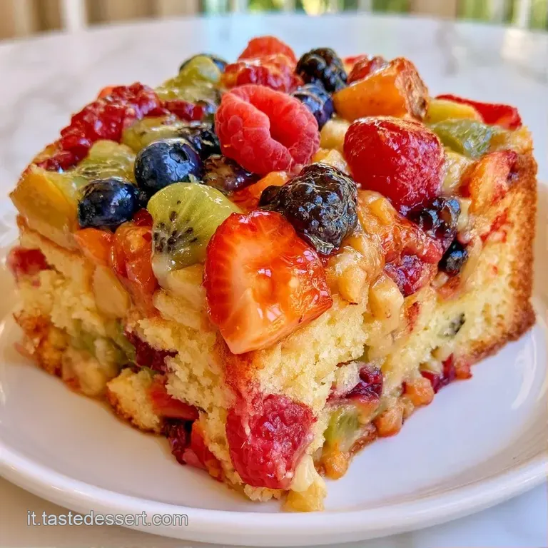 Fetta di dolce su piatto bianco con strati di crema chiara, frutta fresca colorata e una foglia di menta verde brillante.