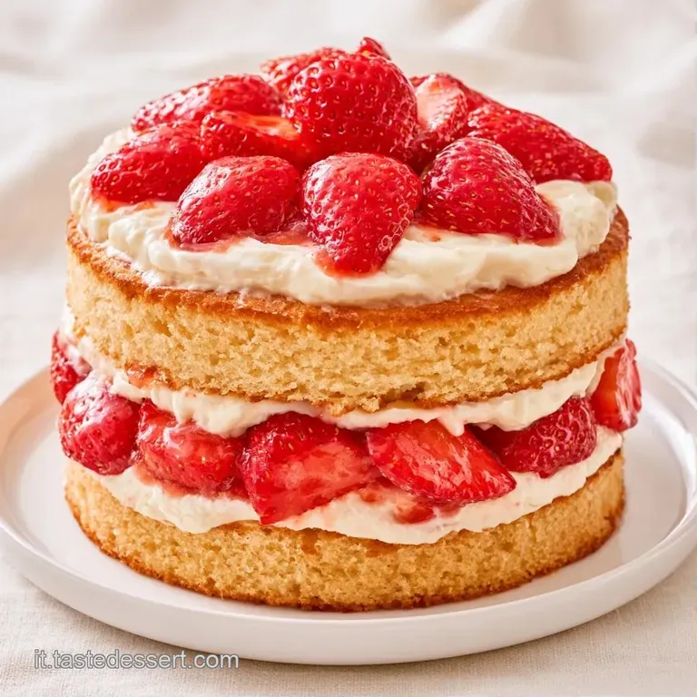 Fetta di torta soffice con fragole lucide e succose, servita su un piatto bianco con una fogliolina di menta verde.