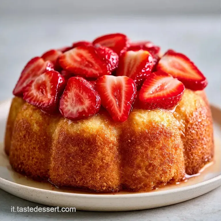Fetta di torta su piatto bianco, strati di crema vellutata e fragole fresche con una fogliolina di menta verde brillante.