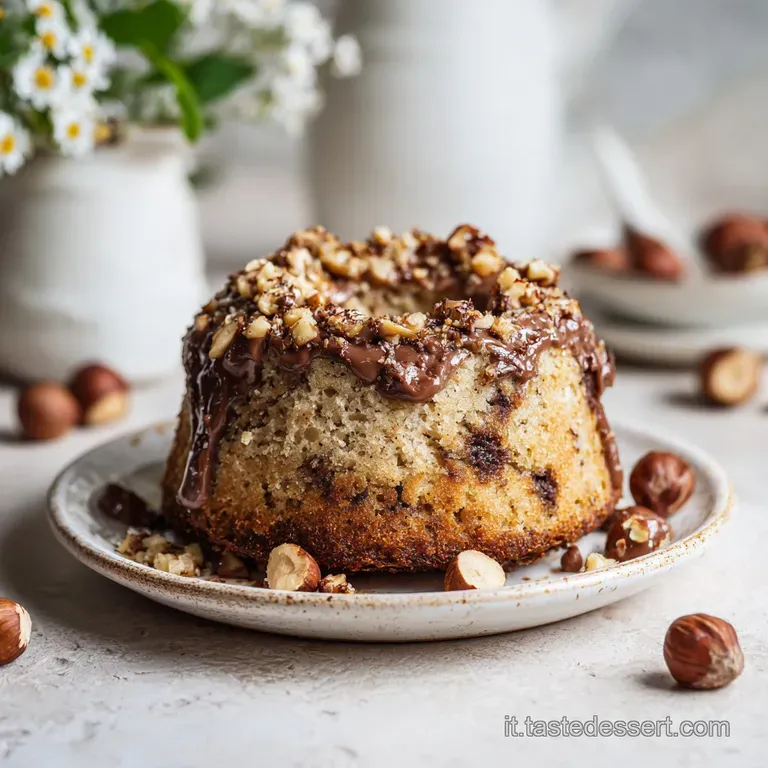 A slice of chocolate-hazelnut oat cake on a white plate, showing moist crumb and scattered nuts, dusted with powdered sugar.