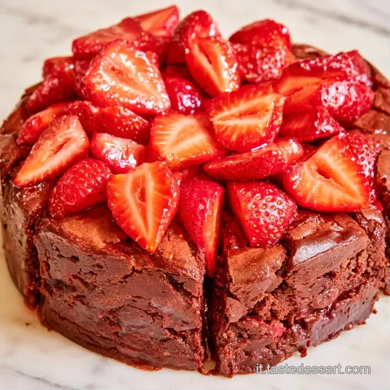 Fetta di torta scura su piatto bianco con colature lucide di cioccolato e fragole mature rosso brillante a lato.