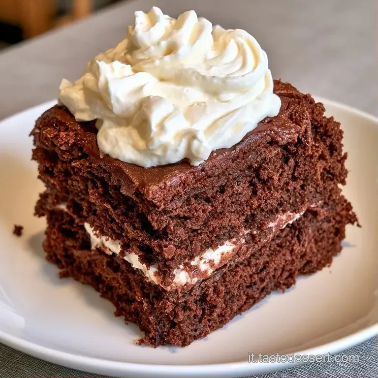 Fetta di torta al cioccolato su piatto bianco, guarnita con panna soffice, frutti di bosco rossi e un filo di sciroppo.