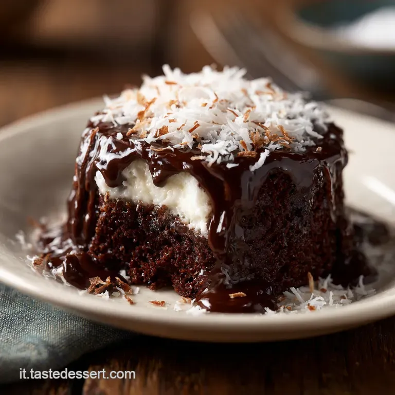 Slice of coconut chocolate cake on a white plate, dusted with cocoa. Creamy filling peeks out, inviting the first bite.