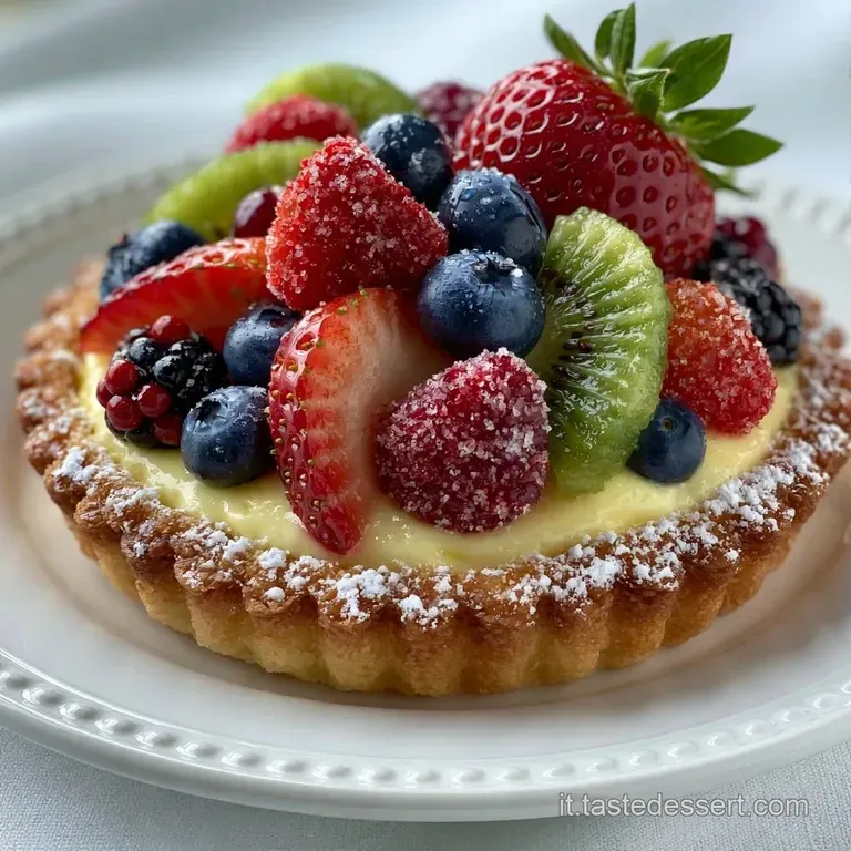 Una fetta di torta su piatto bianco, crema vellutata gialla e frutti di bosco rossi e blu con un tocco di menta.