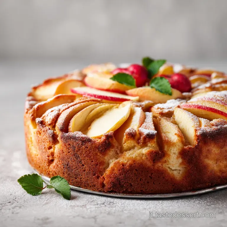 Warm apple torta elegantly sliced on a rustic wooden board, garnished with a dusting of powdered sugar.