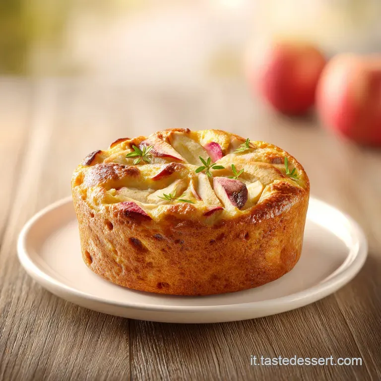 Slice of rustic apple cake on a floral plate, beside a fork, highlighting the soft, moist texture and baked apple aroma.