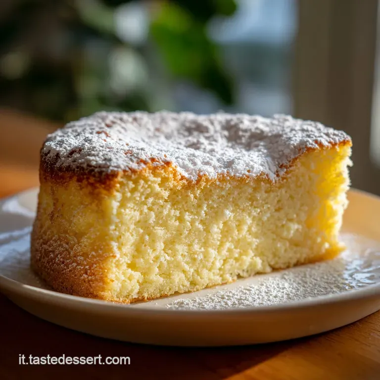 Slice of creamy Ricotta Torta on a white plate, garnished with fresh mint and vibrant berries. Hints of powdered sugar shi...