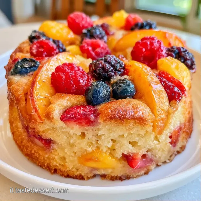 Fetta di torta su piatto bianco con frutta fresca colorata e un velo di sciroppo trasparente e lucido.