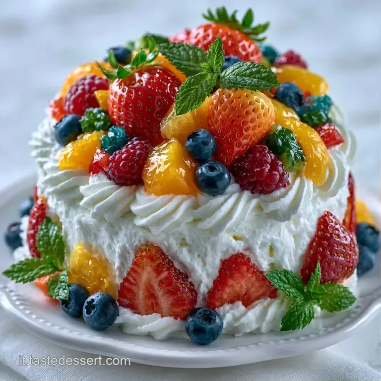 Fetta di torta su piatto bianco con crema densa, fragole succose e kiwi brillanti, decorata con foglia di menta.