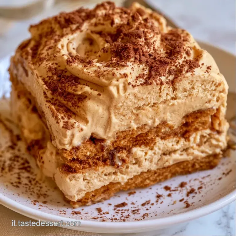 Fetta di dolce gelato color caff&egrave; su piatto bianco, con gocce di sciroppo lucido e una consistenza densa e vellutata.