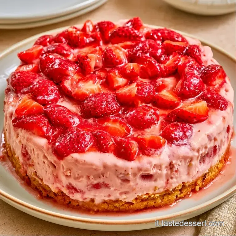 Fetta di dolce gelato rosa su piatto bianco, decorata con una fragola intera e una foglia di menta verde brillante.