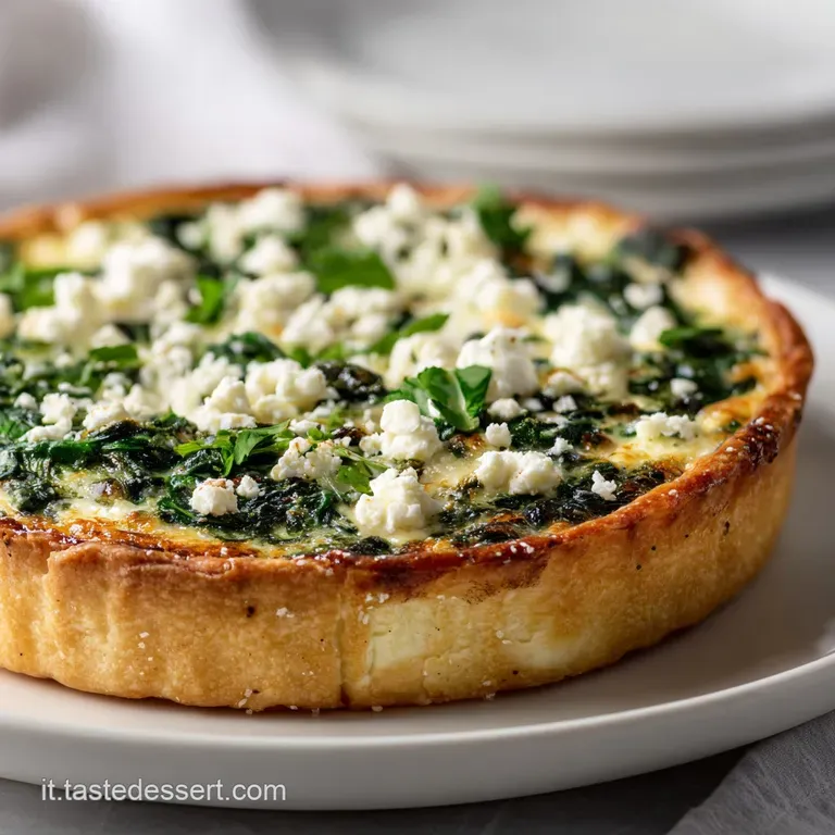 Slice of savory ricotta and spinach pie on a white plate, garnished with fresh herbs. Delicate crust and vibrant filling.