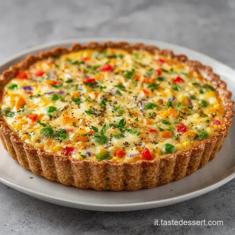 Fetta di torta salata su piatto bianco, con bordi sfogliati e dorati, accompagnata da un rametto di prezzemolo fresco.