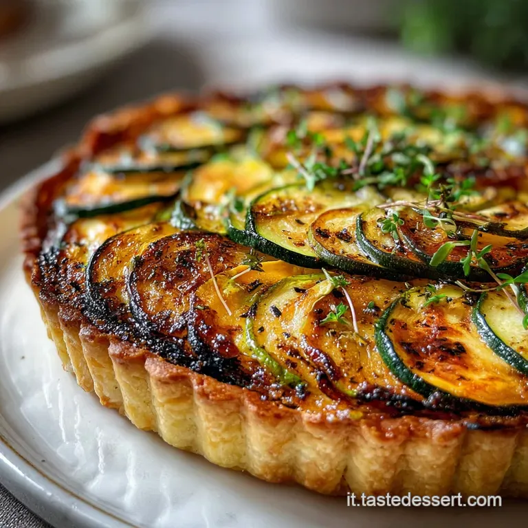 Wedge of savory zucchini tart on a white plate, bright green basil garnish, steam rising from its warm, golden-brown surface.