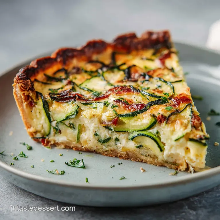 A slice of baked zucchini tart, showcasing layers of flaky pastry and tender vegetables, elegantly plated.