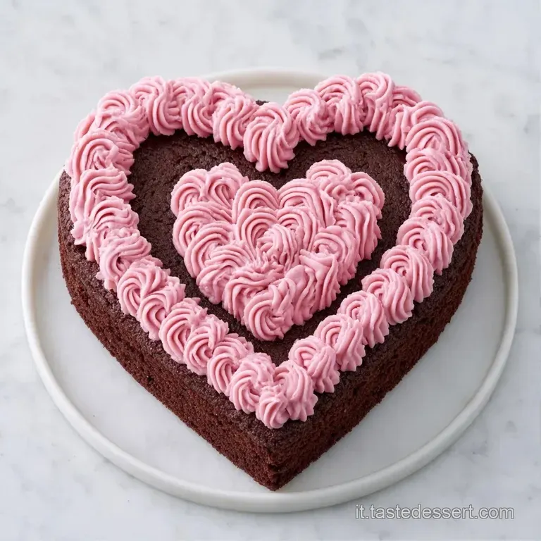 Fetta di torta rossa su piatto bianco, accompagnata da un velo di coulis di lamponi lucida e piccoli cuori di cioccolato.