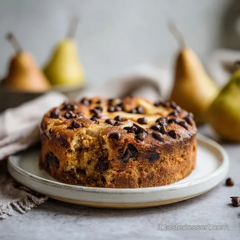Slice of tender pear and chocolate drop cake on a white plate with a dusting of sugar.