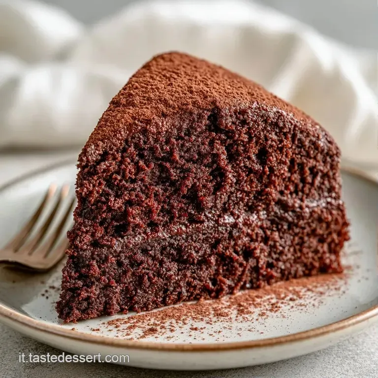 Fetta di torta soffice al cacao su piatto bianco, decorata con una salsa lucida e una foglia di menta verde brillante.