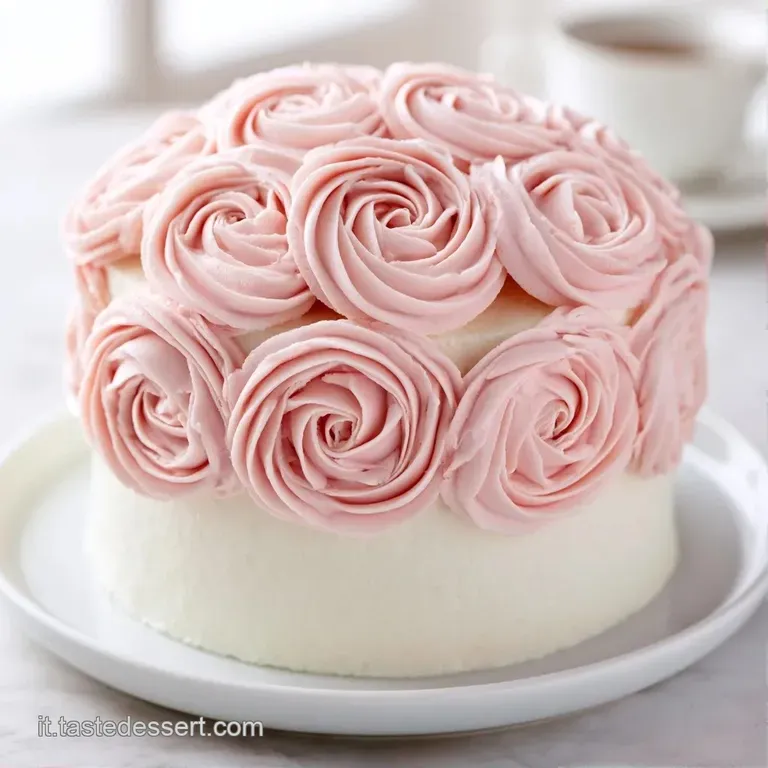 Torta a piani su alzatina di ceramica bianca, circondata da petali di rosa fresca su un tavolo di legno chiaro.
