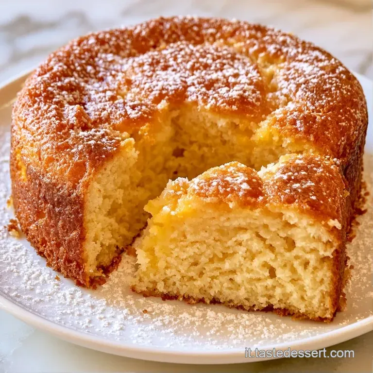 Fetta di torta soffice e dorata servita su un piattino bianco, decorata con un mirtillo fresco e un tocco di panna.