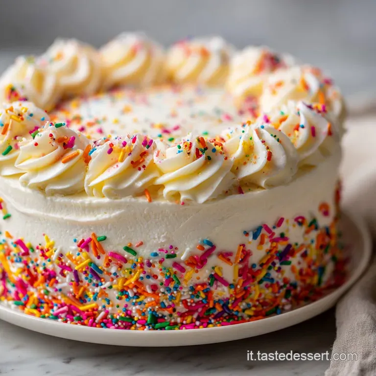 Elegant slice of birthday cake on a white plate, fluffy frosting swirls, vibrant sprinkles, and a dusting of powdered sugar.