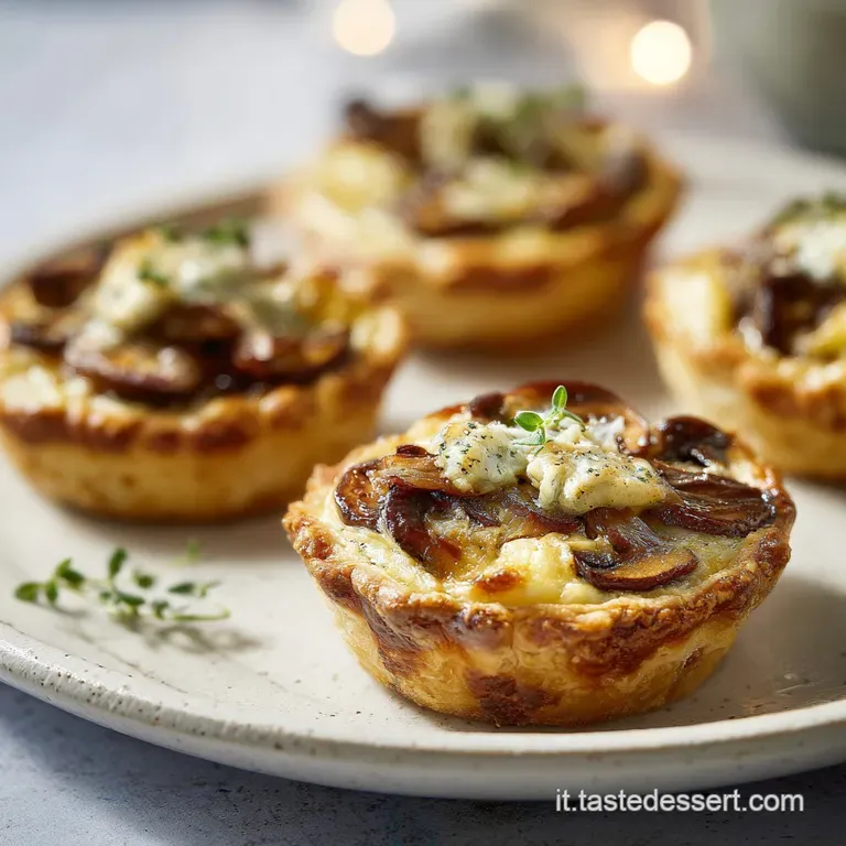 Individual potato tart on a white plate. Flaky golden crust contrasts with the creamy filling and vibrant green herb garnish.