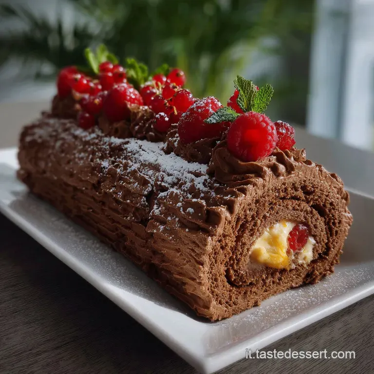 Elegant slice of tronchetto di Natale, revealing a creamy, swirled filling. Presented on a white plate with subtle dusting...