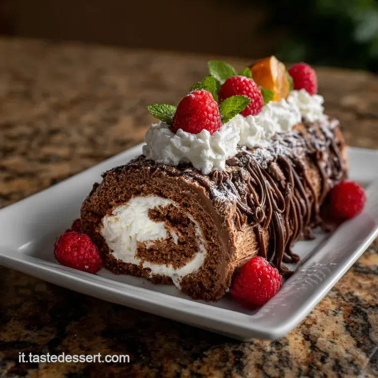 Elegant slice of Tronchetto di Natale. Swirls of white mascarpone, dark chocolate, and cocoa powder arranged on a white pl...