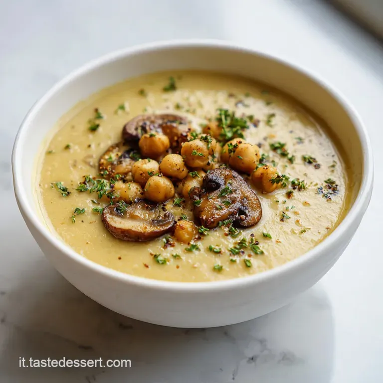 A beautifully plated bowl of silky chickpea soup, topped with saut&eacute;ed mushrooms and fresh parsley.