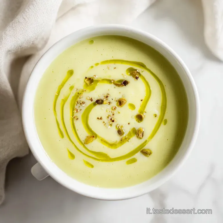 Zuppa densa color avorio in un piatto fondo, decorata con un filo d'olio lucido e semi tostati croccanti in superficie.