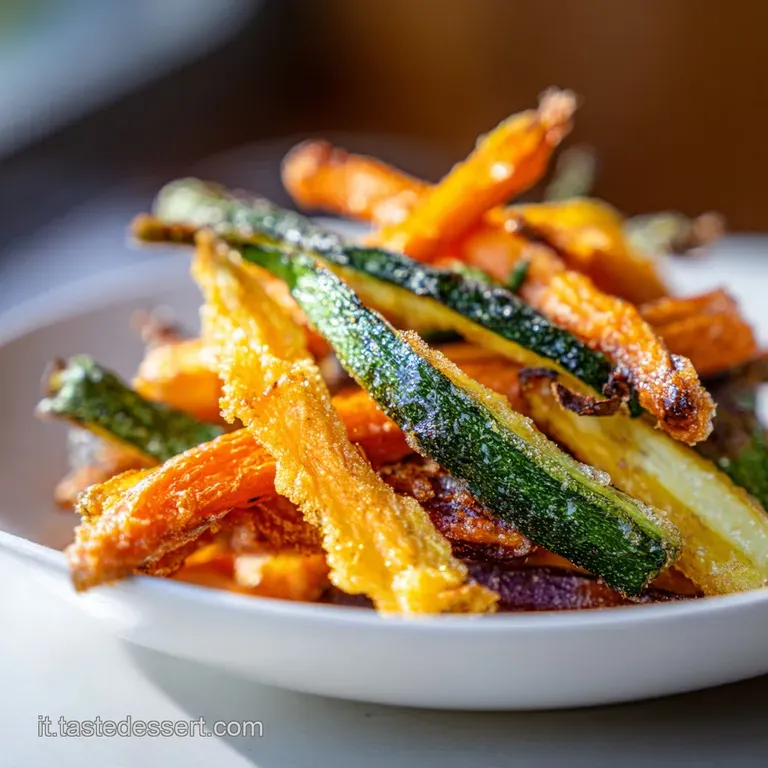 A meticulously arranged plate featuring glistening, roasted vegetables with crispy edges, drizzled with a light sauce and ...