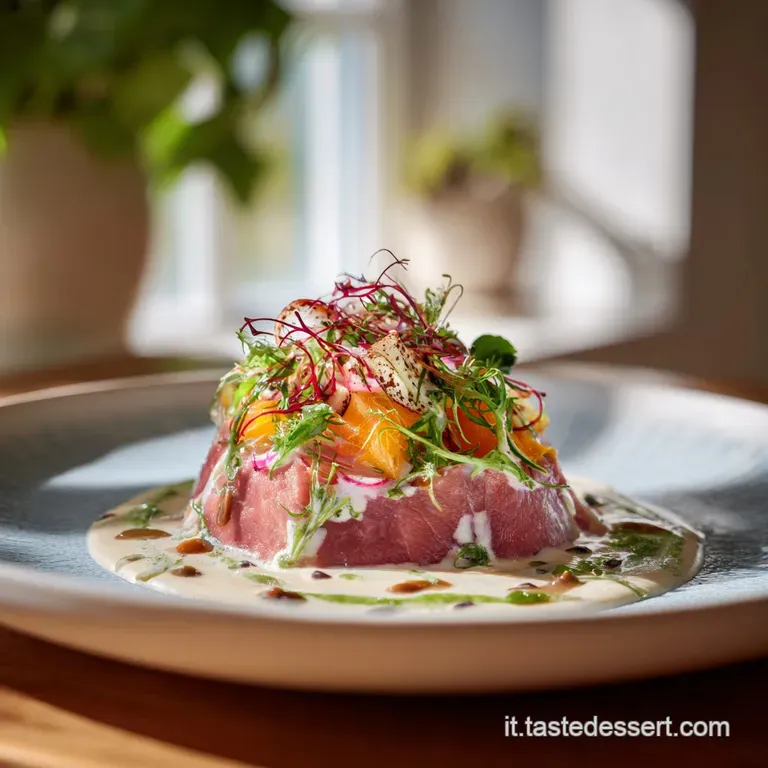 Elegant plate of chilled veal slices topped with a smooth tuna sauce, sprinkled with capers.