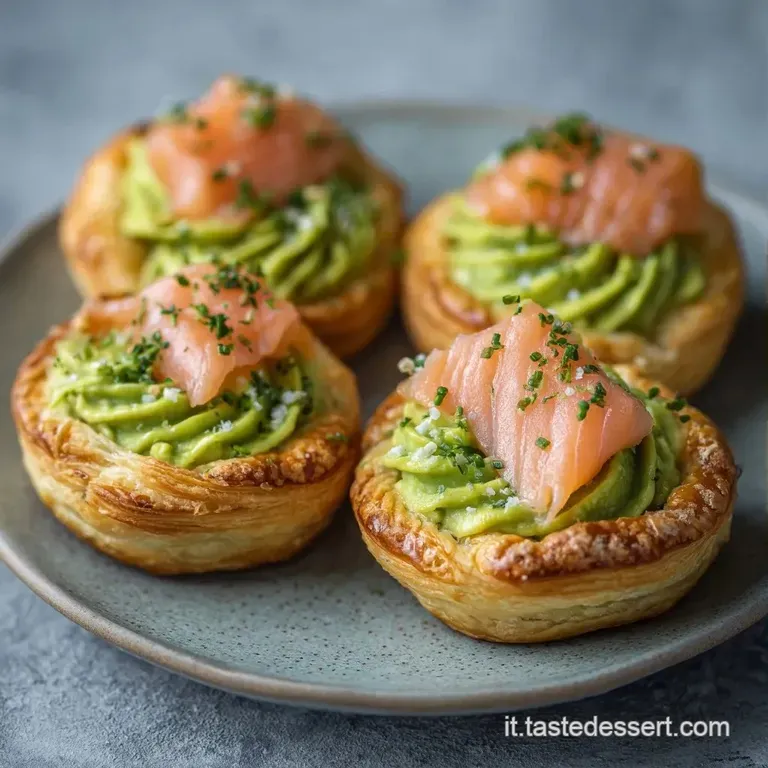 Composizione elegante di sfoglie croccanti su piatto bianco, decorate con anelli di salmone e gocce di avocado fresco.
