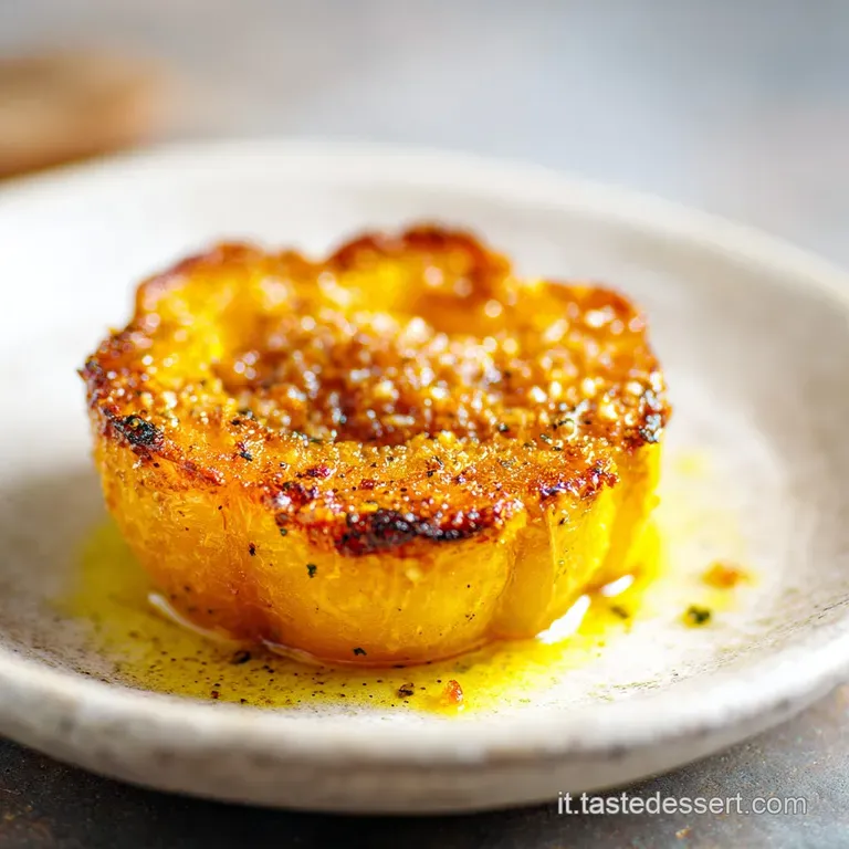 Golden roasted pumpkin slices artfully arranged on a white plate, garnished with sprigs of rosemary, a sprinkle of salt, a...