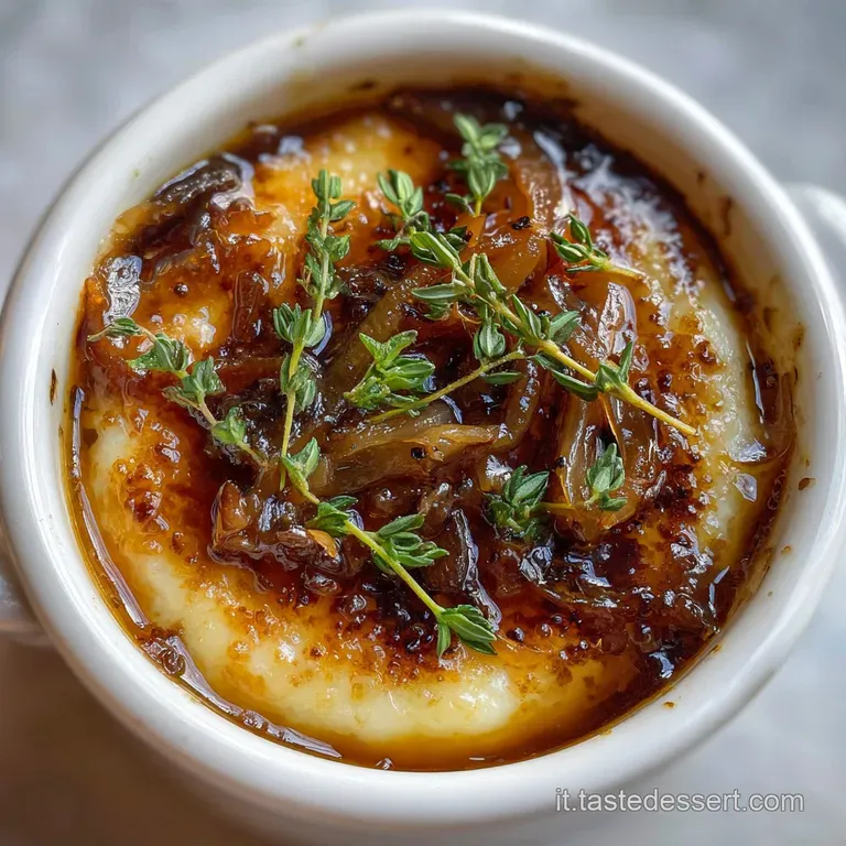A steaming bowl of rich, dark-amber onion soup with a crusty, cheese-laden crouton, garnished with fresh thyme sprigs.