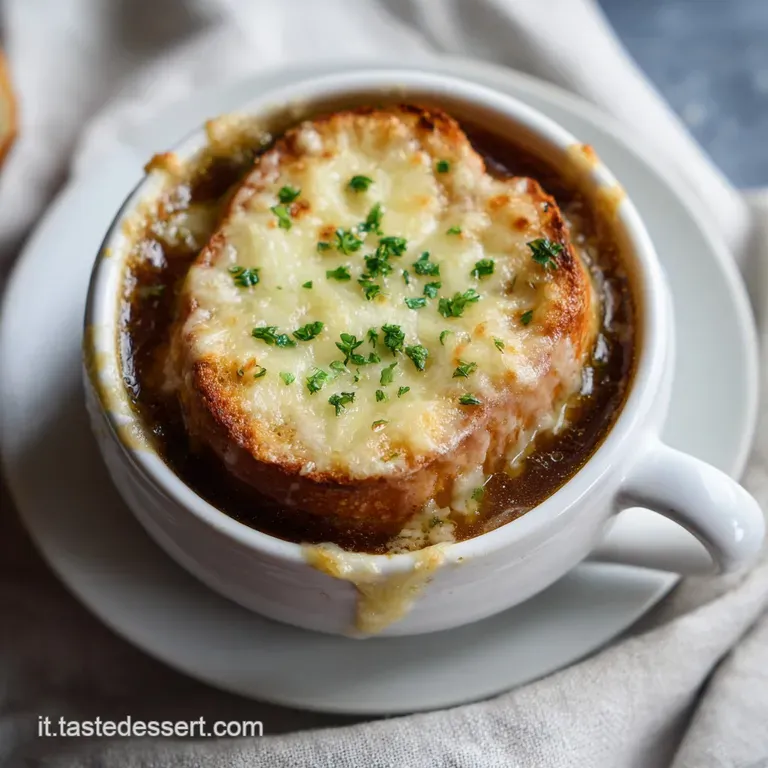 Elegantly plated French onion soup, the caramelized onions visible beneath a thick layer of browned, bubbling Gruy&egrave;re cheese.